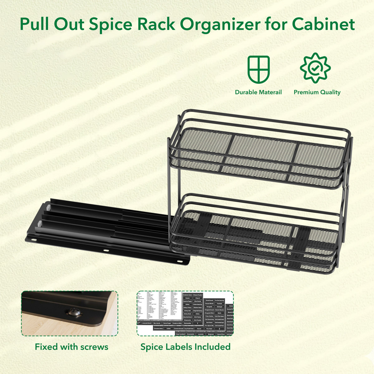 2-Tier Pull Out Spice Rack Organizer for Cabinet, Heavy Duty Slide Out Seasoning Organizer with Labels